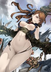 Rule 34 | 1girl, angry, artist name, bdsm, beatrix (granblue fantasy), belt, bondage, bound, breasts, breasts apart, brown hair, clenched teeth, cloud, collar, crucifixion, day, granblue fantasy, groin, long hair, medium breasts, midorino tanuki, mountain, navel, nipples, nude, open clothes, outdoors, pale skin, pussy, restrained, sky, solo, staff, tears, teeth, torn clothes, uncensored, yellow eyes