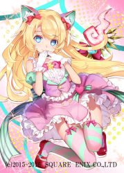 Rule 34 | 1girl, animal ears, bad id, bad pixiv id, blonde hair, blouse, blue eyes, bow, bowtie, closed mouth, frilled skirt, frills, garter straps, gloves, hand to own mouth, high-waist skirt, kaku-san-sei million arthur, long hair, looking at viewer, mary janes, million arthur (series), official art, pink skirt, shirt, shoes, skirt, smile, solo, star (symbol), striped clothes, striped thighhighs, suspenders, thighhighs, vest, watermark, white gloves, white shirt, yuuki kira