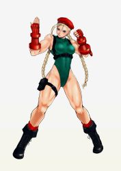 Rule 34 | 1girl, anagumasan, bare shoulders, beret, black footwear, blonde hair, boots, braid, breasts, cammy white, capcom, clenched hand, closed mouth, commentary request, covered navel, facial scar, fighting stance, fingerless gloves, full body, gauntlets, gloves, green leotard, hat, highleg, highleg leotard, highres, holster, leotard, lips, medium breasts, muscular, muscular female, scar, scar on cheek, scar on face, simple background, sleeveless, solo, street fighter, thigh holster, twin braids, twintails, white background