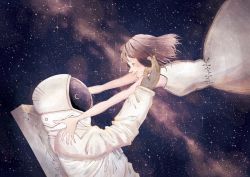 Rule 34 | 1girl, absurdres, astronaut, brown hair, crying, dress, helmet, highres, joze, open mouth, original, outstretched arms, reflection, short hair, sky, smile, space, spacesuit, star (sky), star (symbol), starry sky, tears, white dress