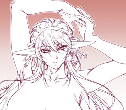 Rule 34 | 1girl, armpits, arms up, breasts, cleavage, collarbone, commentary request, elf, gradient background, hair between eyes, hisahiko, large breasts, long hair, maid headdress, monochrome, original, pointy ears, sidelocks, solo, topless, unfinished, upper body