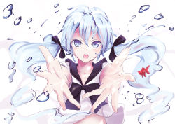 Rule 34 | 1girl, blue eyes, blue hair, bottle miku, fish, hair ribbon, hatsune miku, liquid hair, long hair, matching hair/eyes, mokichi812, open mouth, outstretched arms, ribbon, solo, twintails, vocaloid, water, white background