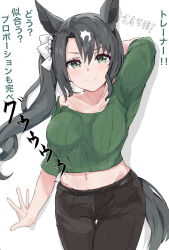 1girl absurdres animal_ears black_hair black_pants blush breasts collarbone ekazawa_sdvx green_eyes green_sweater hair_between_eyes highres horse_ears horse_girl hungry medium_breasts pants satono_crown_(umamusume) side_ponytail smile stomach sweater umamusume