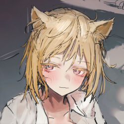 1girl :3 akitaka_takaaki animal_ears blonde_hair blush character_request copyright_request looking_to_the_side shirt short_hair solo white_shirt