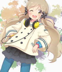 Rule 34 | 1girl, ;d, abstract background, bangle, black skirt, blue pantyhose, bow, bracelet, coat, dutch angle, fingernails, frilled sleeves, frills, hair bow, hand in pocket, handa roco, headphones, headphones around neck, highres, idolmaster, idolmaster million live!, jewelry, layered skirt, light brown hair, looking at viewer, low twintails, multicolored background, okayparium, one eye closed, open mouth, pantyhose, polka dot, polka dot bow, short hair, skirt, smile, solo, twintails, white coat, yellow eyes