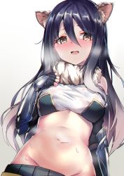 Rule 34 | 1girl, absurdres, animal ear fluff, animal ears, bandeau, bare shoulders, black gloves, black hair, blush, fingerless gloves, fur collar, gloves, gradient background, gradient hair, groin, hair between eyes, hand up, heavy breathing, highres, kure (kure ng), long hair, looking at viewer, midriff, multicolored hair, navel, nose blush, open mouth, princess connect!, shiori (princess connect!), solo, stomach, sweat, upper body, vambraces, white background, wolf ears