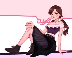 Rule 34 | 1girl, alternate costume, ankle boots, arm at side, arm support, bad id, bad pixiv id, bare shoulders, belt, black footwear, black nails, black neckwear, black panties, black skirt, boots, braid, breasts, brown eyes, brown hair, character name, choker, cleavage, collarbone, d.va (overwatch), earrings, ecila, eyelashes, facepaint, facial mark, fingernails, full body, hair ornament, hand on own knee, heart, heart earrings, high heels, jewelry, knees up, lips, long fingernails, long hair, looking at viewer, low twintails, nail polish, navel, nose, overwatch, overwatch 1, panties, rabbit hair ornament, red lips, see-through, see-through skirt, shoelaces, sitting, skirt, sleeveless, solo, twintails, underwear, whisker markings
