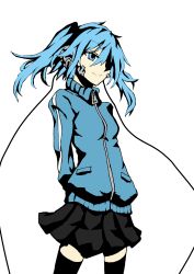 Rule 34 | 1girl, absurdres, arms behind back, bad id, bad pixiv id, black skirt, blue eyes, blue hair, cable, ene (kagerou project), hair over one eye, headphone cords, headphones, highres, jacket, kagerou project, matching hair/eyes, matsukei, skirt, smile, solo, striped, striped sleeves, thighhighs, track jacket, twintails, zettai ryouiki, zipper