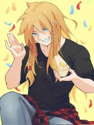 Rule 34 | 1boy, black shirt, blonde hair, blue eyes, cake, cake slice, casual, clothes around waist, confetti, denim, epic battle fantasy, food, food on face, grin, hair between eyes, highres, holding, holding food, jacket, jacket around waist, jeans, male focus, matt (epic battle fantasy), nounreverse, pants, shirt, smile, solo, t-shirt, waving, yellow background