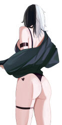 Rule 34 | 1girl, absurdres, arm strap, ass, bikini, black bikini, black hair, commentary, from behind, grey hair, heart, heart tattoo, highres, hololive, hololive english, ku roiko, long hair, looking at viewer, multicolored hair, shiori novella, simple background, single bare shoulder, solo, split-color hair, swimsuit, symbol-only commentary, tattoo, thigh strap, thighs, two-tone hair, virtual youtuber, wedgie, white background