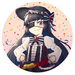 Rule 34 | 1girl, belt, black dress, black hair, black hat, black vest, blue eyes, blush, bow, brooch, closed mouth, confetti, dress, eyepatch, gothic lolita, granblue fantasy, hands on own hips, hat, hat bow, highres, jewelry, juliet sleeves, lolita fashion, long hair, long sleeves, looking at viewer, lunalu (granblue fantasy), mikan (chipstar182), one eye covered, puffy sleeves, red belt, sanpaku, shirt, smile, smug, solo, very long hair, vest, white shirt