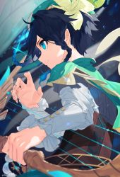 Rule 34 | 1boy, amatya, androgynous, beret, black hair, blue hair, bow (weapon), braid, cape, closed mouth, collared cape, collared shirt, commentary request, corset, flower, frilled sleeves, frills, from side, genshin impact, gradient hair, green cape, green eyes, green hat, hair flower, hair ornament, hat, highres, holding, holding bow (weapon), holding weapon, leaf, long sleeves, male focus, multicolored hair, shirt, short hair with long locks, side braids, sidelocks, smile, solo, sparkle, twin braids, venti (genshin impact), weapon, white flower, white shirt