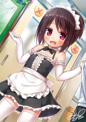 Rule 34 | 1boy, 1girl, apron, bare shoulders, black dress, brown hair, commentary request, door, dress, elbow gloves, gloves, head out of frame, indoors, long hair, maid, maid headdress, open mouth, original, ponytail, red eyes, shirt, shirt grab, short dress, smile, solo focus, thighhighs, waist apron, white apron, white gloves, white shirt, white thighhighs, yukino minato