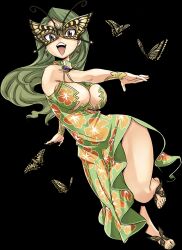 Rule 34 | 1girl, bare shoulders, breasts, brown eyes, bug, butterfly, butterfly mask, cleavage, curvy, dress, earrings, floral print, full body, gate of nightmares, green dress, green hair, highres, insect, jasmine (gate of nightmares), jewelry, large breasts, long hair, mashima hiro, mask, official art, open mouth, sandals, smile, solo, teeth, transparent background, upper teeth only, wide hips