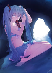 Rule 34 | 1girl, absurdres, barefoot, bikini, bikini skirt, blue bikini, blue eyes, blue hair, blue skirt, cave, collarbone, commentary request, dutch angle, front-tie bikini top, front-tie top, hair between eyes, hair ornament, hatsune miku, highres, kicchan, long hair, looking at viewer, miniskirt, mouth hold, partially submerged, pleated skirt, signature, sitting, skirt, soles, solo, striped bikini, striped clothes, swimsuit, twintails, tying hair, unworn hair ornament, very long hair, vocaloid, wariza, water