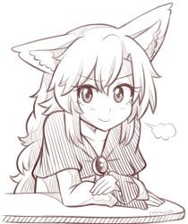 Rule 34 | &gt;:), 1girl, puff of air, animal ears, artist name, brooch, collarbone, commentary, dress, eyelashes, greyscale, hair between eyes, imaizumi kagerou, jewelry, long hair, long sleeves, looking at viewer, monochrome, signature, simple background, sketch, smile, solo, table, touhou, upper body, v-shaped eyebrows, white background, wolf ears, wool (miwol)