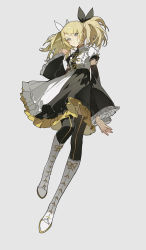 Rule 34 | absurdres, asymmetrical clothes, black dress, blonde hair, blue eyes, boots, bow, chinese commentary, detached sleeves, dress, expressionless, frilled dress, frilled sleeves, frills, full body, hair bow, hair ornament, hairclip, highres, kagamine rin, knee boots, looking at viewer, low twintails, original, ribbon, simple background, solo, twintails, white background, white dress, white footwear, wide sleeves, zhibuji loom