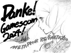 collared_dress copyright_name dress english_text facing_to_the_side floral_print_dress greyscale headband junah_(metaphor:_refantazio) long_hair metaphor:_refantazio monochrome sketch soejima_shigenori