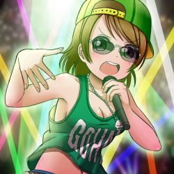 Rule 34 | &gt;:o, 10s, 1girl, :o, armpits, backwards hat, baseball cap, bluebird (bluebird90), breasts, brown hair, cleavage, clothes writing, commentary request, glasses, green hat, hand gesture, hat, holding, holding microphone, jewelry, koizumi hanayo, love live!, love live! school idol festival, love live! school idol project, medium breasts, microphone, midriff peek, necklace, no bra, one-hour drawing challenge, open mouth, purple eyes, rap, short hair, solo, stage lights, sunglasses, swept bangs, tank top, upper body, v-shaped eyebrows