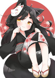 Rule 34 | 1girl, animal ear fluff, animal ears, bad id, bad pixiv id, black hair, black kimono, blush, brown footwear, closed mouth, commentary request, commission, floral print, flower, fox ears, fox girl, fox mask, fox tail, full body, highres, japanese clothes, kimono, long hair, long sleeves, looking at viewer, mask, mask on head, minato yu (0514), obi, original, print kimono, red background, sandals, sash, short eyebrows, skeb commission, smile, solo, spider lily, spider lily print, tail, thick eyebrows, two-tone background, very long hair, whiskers, white background, wide sleeves, zouri