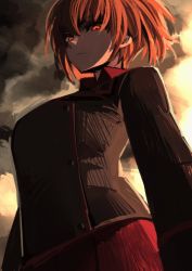 Rule 34 | 1girl, black jacket, brown hair, closed mouth, cloud, cloudy sky, collared shirt, commentary, cowboy shot, english commentary, from below, girls und panzer, j.k., jacket, long sleeves, looking at viewer, nishizumi maho, pleated skirt, red eyes, red shirt, shirt, short hair, skirt, sky, solo, standing, wing collar
