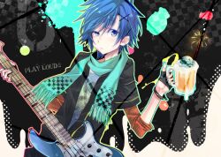 Rule 34 | 1boy, alcohol, bass guitar, beer, beer mug, blue eyes, blue hair, cup, earrings, electric guitar, green scarf, guitar, hair ornament, holding bass guitar, holding instrument, instrument, jewelry, kaito (vocaloid), looking at viewer, mikipa, mug, nail polish, non-web source, scarf, solo, vocaloid