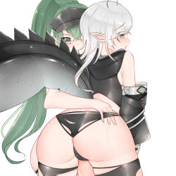 Rule 34 | 2girls, arknights, ass, ass focus, bad id, bad pixiv id, bare shoulders, black legwear, black panties, blush, cameltoe, commentary, crocodilian tail, female focus, from behind, gavial (arknights), green hair, grey eyes, large tail, long hair, looking at viewer, looking back, multiple girls, official alternate costume, panties, pointy ears, profile, ranlan, silver hair, simple background, smile, tail, thighhighs, thighs, tomimi (arknights), torn clothes, torn legwear, torn panties, underwear, very long hair, visor cap, wedgie, white background, yuri