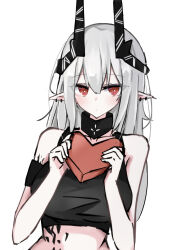 Rule 34 | 1girl, absurdres, arknights, bare shoulders, black choker, black shirt, box, breasts, choker, crop top, demon horns, detached collar, ear piercing, heart-shaped box, highres, holding, horns, large breasts, long hair, looking at viewer, material growth, mudrock (arknights), multiple piercings, oripathy lesion (arknights), piercing, pointy ears, red eyes, shirt, solo, spaghetti strap, touko (toko12 tooko), valentine, white hair