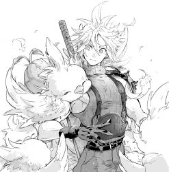 Rule 34 | 1boy, arm up, armor, belt, bird, buster sword, chick, chocobo, cloud strife, feathers, final fantasy, final fantasy vii, final fantasy vii remake, gloves, greyscale, looking down, looking to the side, male focus, monochrome, multiple belts, muscular, muscular male, pants, pauldrons, pectorals, screentones, short hair, shoulder armor, single pauldron, sleeveless, sleeveless sweater, sleeveless turtleneck, solo, spiked hair, surprised, suspenders, sweater, sword, turtleneck, turtleneck sweater, upper body, weapon, weapon on back, wxz
