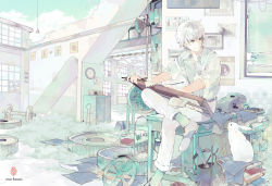 Rule 34 | 1boy, animal, artist name, bad id, bad pixiv id, book, book stack, clock, crossed legs, curly hair, day, desk, drawing, glasses, hand fan, jpeg artifacts, kettle, lala (wuchabie), looking at another, male focus, megaphone, on desk, original, pale color, pants, paper, pencil, phone, photo (object), pinstripe pattern, rabbit, shirt, shoes, silver hair, sitting, sky, smile, solo, spring (object), striped clothes, striped shirt, suspenders, teapot, watermark, white pants, white theme, window shadow