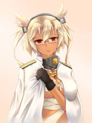 Rule 34 | 10s, 1girl, blonde hair, dark-skinned female, dark skin, fingerless gloves, glasses, gloves, hairband, highres, kantai collection, looking at viewer, military, military uniform, musashi (kancolle), naval uniform, personification, pointy hair, red eyes, sarashi, solo, twintails, uniform, yakuto007
