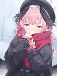 Rule 34 | 1girl, beret, black hat, black jacket, black wings, blue archive, blush, closed mouth, commentary, feathered wings, haamon (harmon), halo, hat, head wings, highres, jacket, koharu (blue archive), long hair, long sleeves, looking at viewer, low wings, pink eyes, pink hair, pink halo, pink scarf, scarf, solo, twintails, upper body, wings, winter clothes