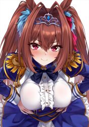 Rule 34 | &gt;:), 1girl, aiguillette, animal ears, bad id, bad twitter id, blue dress, blush, breasts, brown hair, center frills, closed mouth, daiwa scarlet (umamusume), dress, epaulettes, frills, hair between eyes, hair intakes, hands on own hips, highres, horse ears, horse girl, juliet sleeves, large breasts, layered skirt, leaning forward, long hair, long sleeves, looking at viewer, marisasu (marisa0904), puffy sleeves, red eyes, skirt, smile, solo, tiara, twintails, umamusume, underbust, v-shaped eyebrows, very long hair, white background, white skirt