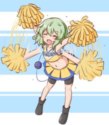 Rule 34 | 1girl, black footwear, blue background, blush, cheerleader, closed eyes, clothes writing, commentary, commission, flapping, full body, green hair, holding, holding pom poms, komeiji koishi, messy hair, mizusoba, motion blur, navel, open mouth, pom pom (cheerleading), pom poms, short hair, skeb commission, skirt, smile, solo, third eye, touhou, two-tone background, white background, yellow skirt