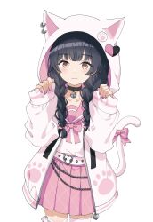 Rule 34 | 1girl, :3, animal ear hood, animal ear piercing, bell, belt, black choker, black hair, blush, bow, bowtie, braid, brown eyes, buckle, cat tail, chain, choker, clenched hand, closed mouth, cowboy shot, fake animal ears, hair over shoulder, hands up, heart, heart-shaped buckle, highres, hood, hood up, hooded jacket, idolmaster, idolmaster shiny colors, jacket, long hair, long sleeves, looking at viewer, mayuzumi fuyuko, migolu, neck bell, open clothes, open jacket, paw print, pink bow, pink bowtie, pink jacket, pink sailor collar, pink skirt, pleated skirt, sailor collar, shirt tucked in, simple background, skirt, sleeves past wrists, swimsuit, tail, tail bow, tail ornament, thighhighs, twin braids, white background, white belt, white thighhighs