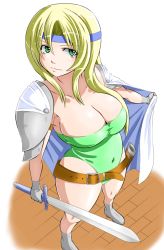Rule 34 | 1990s (style), 1girl, belt, blonde hair, boots, breasts, cape, celes chere, cleavage, female focus, final fantasy, final fantasy vi, gloves, green eyes, headband, highres, kara age, large breasts, leotard, long hair, shoulder pads, solo, sword, weapon