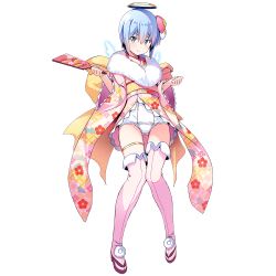 Rule 34 | 1girl, blue hair, dennou tenshi djibril, full body, green eyes, hagoita, hair ornament, halo, holding, holding paddle, kuuchuu yousai, light blue hair, long sleeves, looking at viewer, mini wings, obi, official art, one-piece swimsuit, paddle, pink footwear, sash, school swimsuit, short hair, smile, solo, swimsuit, swimsuit under clothes, table tennis paddle, thigh strap, thighhighs, transparent background, white one-piece swimsuit, white wings, wide sleeves, wings