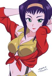 Rule 34 | 1girl, absurdres, armpits, arms behind head, bob cut, breasts, cleavage, collarbone, commentary, cowboy bebop, crop top, dated, faye valentine, film grain, green eyes, hair slicked back, hairband, highres, inverted bob, lipstick, long sleeves, looking at viewer, loose hair strand, makeup, medium breasts, midriff, navel, off shoulder, open clothes, open shirt, purple hair, red lips, red shirt, shirt, short hair, short hair with long locks, shorts, sidelocks, signature, simple background, smile, solo, stretching, tied shirt, tsunemoku, upper body, vest, white background, yellow hairband, yellow shorts, yellow vest