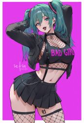 1girl artist_name back_tattoo black_eyeliner black_jacket black_lips black_skirt blue_eyes blue_hair breasts collar cross eyeliner eyeshadow fishnet_thighhighs fishnets goth_fashion hatsune_miku highres jacket large_breasts makeup miniskirt numbered setsuaiart short-sleeved_jacket short_sleeves simple_background skirt tattoo thick_thighs thighhighs thighs twintails