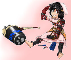 Rule 34 | 1girl, animal ears, armor, armored dress, barefoot, black hair, capcom, feet, female focus, gloves, grin, hammer, inaba tewi, mga-lu, monster hunter (series), pink background, rabbit ears, red eyes, short hair, simple background, smile, soles, solo, toes, touhou