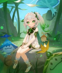 Rule 34 | 1girl, absurdres, bare shoulders, bracelet, cape, commentary request, cross-shaped pupils, detached sleeves, dress, genshin impact, glow (user hnpv7785), gradient hair, green cape, green eyes, green hair, green sleeves, hair ornament, highres, jewelry, knees together feet apart, korean commentary, leaf hair ornament, long hair, looking at viewer, multicolored hair, nahida (genshin impact), outdoors, pointy ears, side ponytail, sitting, sleeveless, sleeveless dress, smile, solo, stirrup footwear, stirrup legwear, symbol-shaped pupils, toeless footwear, toeless legwear, white dress, white footwear, white hair