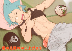 Rule 34 | 00s, 1boy, absurdres, black star, blue hair, bulge, clothes lift, highres, male focus, muscular, penis, pillow, shirt lift, sleeping, smoke, solo, soul eater, tagme