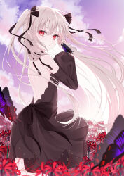 Rule 34 | 1girl, back cutout, bare shoulders, black dress, bow, bug, butterfly, clothing cutout, detached sleeves, dress, flower, hair bow, hair ornament, highres, insect, long hair, long sleeves, looking at viewer, murur (matsumikoru), original, outdoors, pointy ears, purple butterfly, red eyes, red flower, solo, twintails, white hair