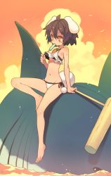 Rule 34 | 1girl, ahoge, alternate costume, animal, animal ears, arm at side, bags under eyes, bare legs, bare shoulders, bikini, bikini pull, bird, black eyes, breasts, brown hair, carrot necklace, clothes pull, evening, fish, hair between eyes, hammer, hare of inaba, highres, holding, inaba tewi, mallet, morino hon, necklace, orange eyes, orange sky, pom pom (clothes), pulling own clothes, rabbit ears, rabbit girl, rabbit tail, shaded face, shark, short hair, sitting, skinny, sky, small breasts, solo, sweatdrop, swimsuit, tail, touhou, underboob, water, white bikini