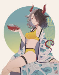 Rule 34 | 1girl, animal ears, arm support, bare shoulders, black hair, black nails, breasts, buruma, commentary request, cow ears, cow horns, cow tail, crop top, feet out of frame, grey background, grin, hair over one eye, hand up, haori, highres, holding, horns, japanese clothes, large breasts, long sleeves, looking at viewer, midriff, multicolored hair, nail polish, navel, off shoulder, reeh (yukuri130), short hair, silver hair, sitting, skindentation, smile, solo, split-color hair, sports bra, stomach, tail, thigh strap, thighs, touhou, translation request, two-tone hair, ushizaki urumi, wide sleeves