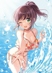 Rule 34 | 1girl, ;d, bad id, bad pixiv id, bikini, blush, breasts, cleavage, collarbone, cowboy shot, day, fingernails, floral print, green eyes, highres, looking at viewer, medium breasts, navel, ocean, one eye closed, open mouth, original, outdoors, outstretched arm, ponytail, print bikini, purple hair, shigure ui, short hair, side-tie bikini bottom, sky, smile, solo, sparkle, standing, swimsuit, wading, water, water drop, wet