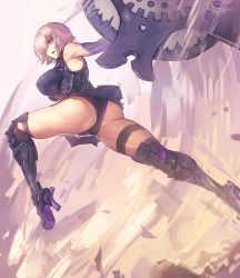 Rule 34 | &gt;:(, 1girl, absurdres, armor, armored boots, armored dress, armpits, ass, bare shoulders, black panties, boots, breasts, dress, elbow gloves, eyes visible through hair, fate/grand order, fate (series), from side, frown, gloves, hair over one eye, high heel boots, high heels, highres, large breasts, light purple hair, looking away, mash kyrielight, melon22, panties, parted lips, purple eyes, purple gloves, shield, short dress, solo, thick thighs, thigh strap, thighs, underwear, v-shaped eyebrows