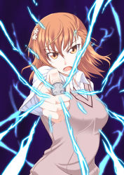 Rule 34 | 1girl, action, aiming, aiming at viewer, angry, attack, breasts, brown eyes, brown hair, brown sweater, brown sweater vest, brown vest, coin, electricity, electrokinesis, psychic, fantasy, female focus, hair ornament, hairpin, head tilt, holding, holding coin, incoming attack, kurogane (blackxsilver), looking at viewer, medium breasts, medium hair, misaka mikoto, open mouth, outstretched arm, psychic, railgun, school uniform, science fiction, shirt, solo, sweater, sweater vest, t-shirt, teeth, toaru kagaku no railgun, toaru majutsu no index, tongue, upper body, v-shaped eyebrows, vest, white shirt