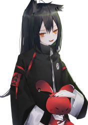 Rule 34 | 0 (znanimo), 1girl, alternate costume, animal ears, arknights, black hair, black jacket, black nails, ear piercing, grey background, hair between eyes, highres, holding, holding stuffed toy, jacket, long hair, looking at viewer, nail polish, open mouth, orange eyes, petting, piercing, simple background, solo, stuffed toy, texas (arknights), wolf ears