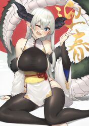 Rule 34 | 1girl, bare shoulders, blue eyes, blush, breasts, dragon girl, dragon horns, dragon tail, grey hair, highres, horns, large breasts, long hair, looking at viewer, open mouth, original, pinta (ayashii bochi), pointy ears, smile, solo, tail, thighhighs, thighs